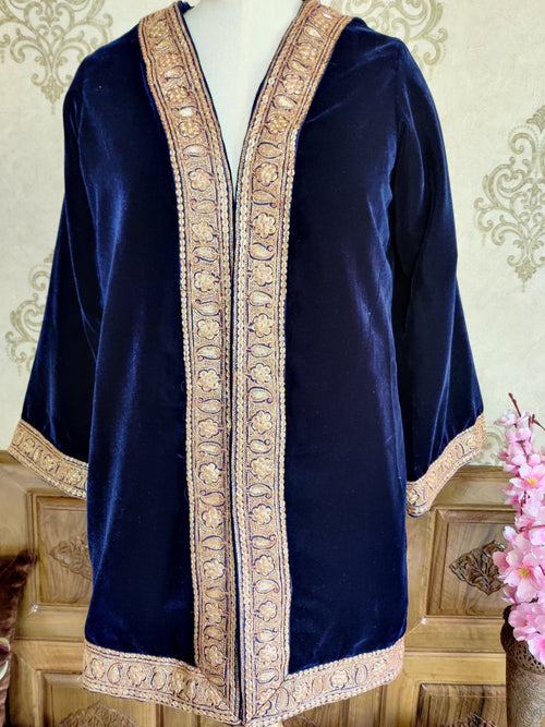 Blue Kashmiri Velvet Kimono Robe with Tilla Embroidery – 89cm
