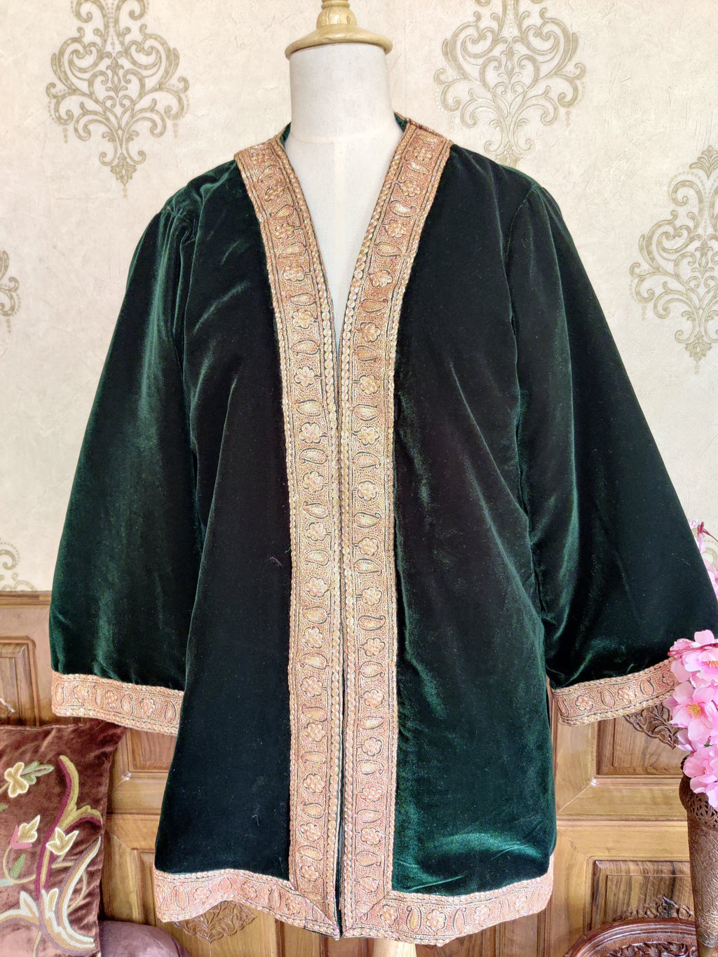 Green Velvet Kashmiri Kimono Robe with Tilla Embroidery