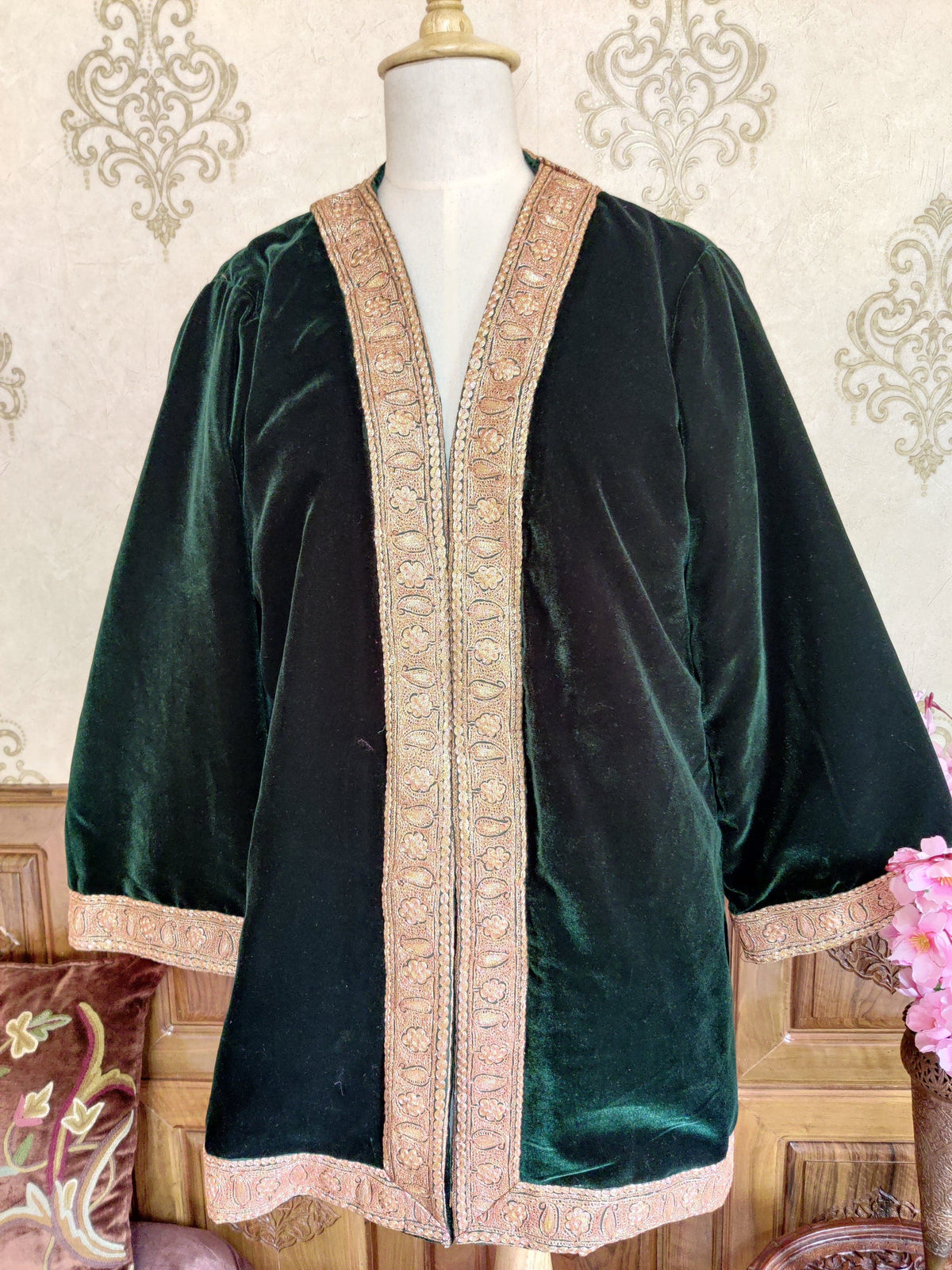 Green Velvet Kashmiri Kimono Robe with Tilla Embroidery