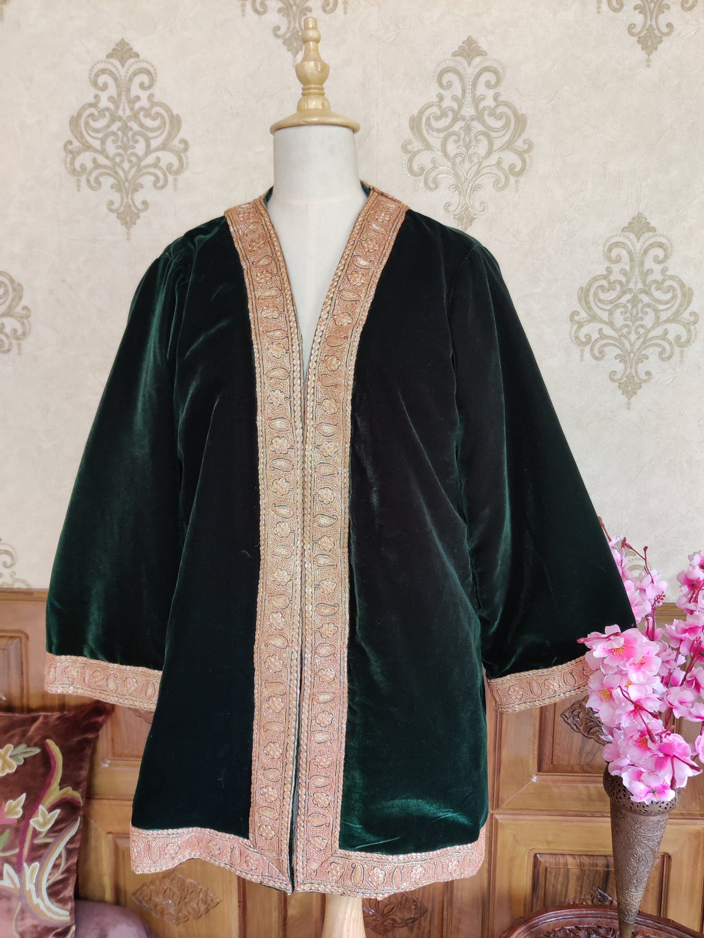 Green Velvet Kashmiri Kimono Robe with Tilla Embroidery