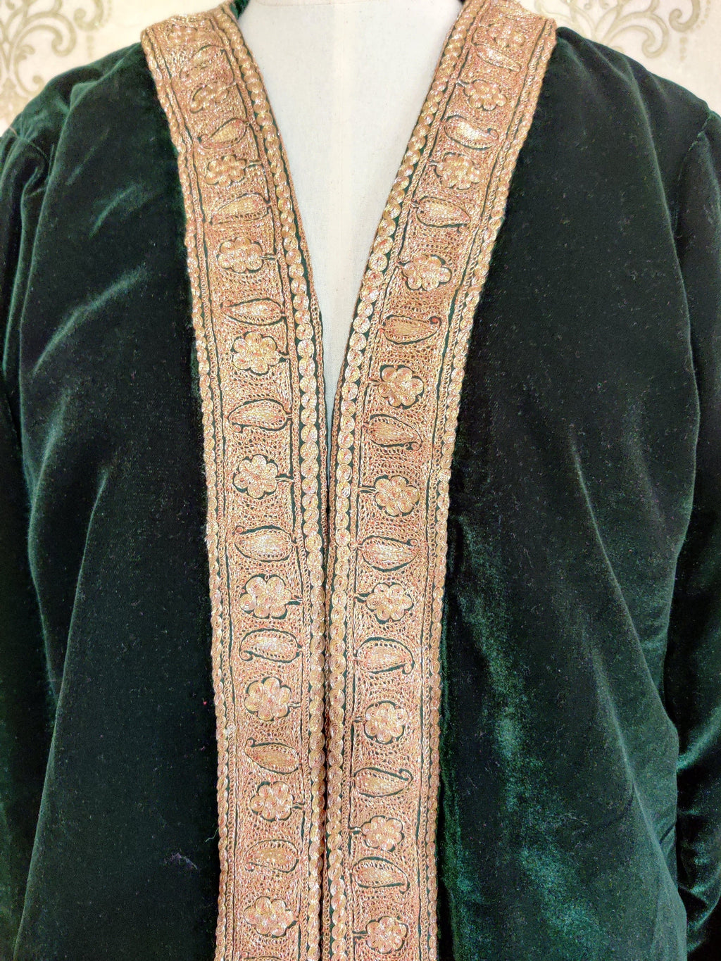Green Velvet Kashmiri Kimono Robe with Tilla Embroidery