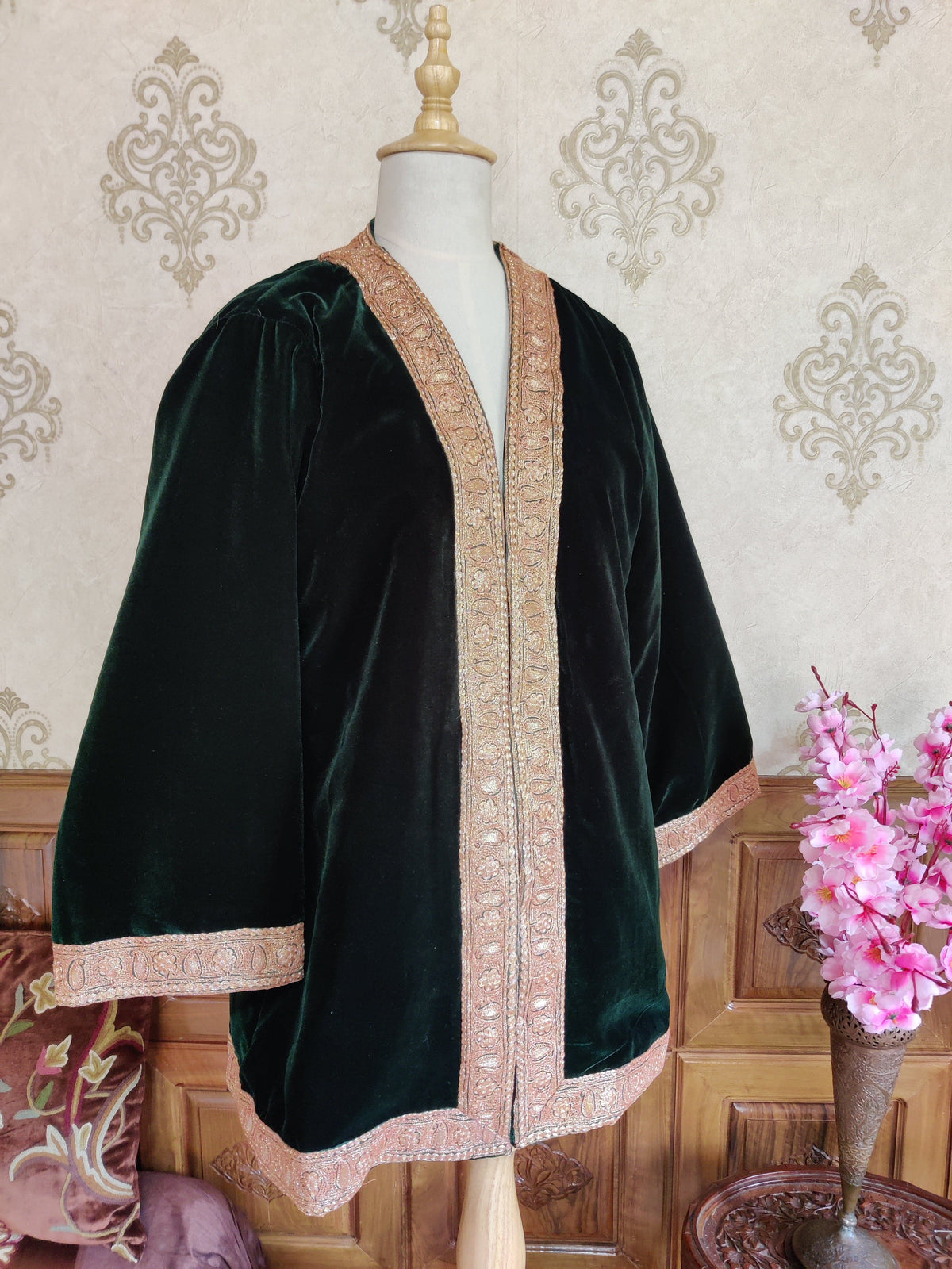 Green Velvet Kashmiri Kimono Robe with Tilla Embroidery