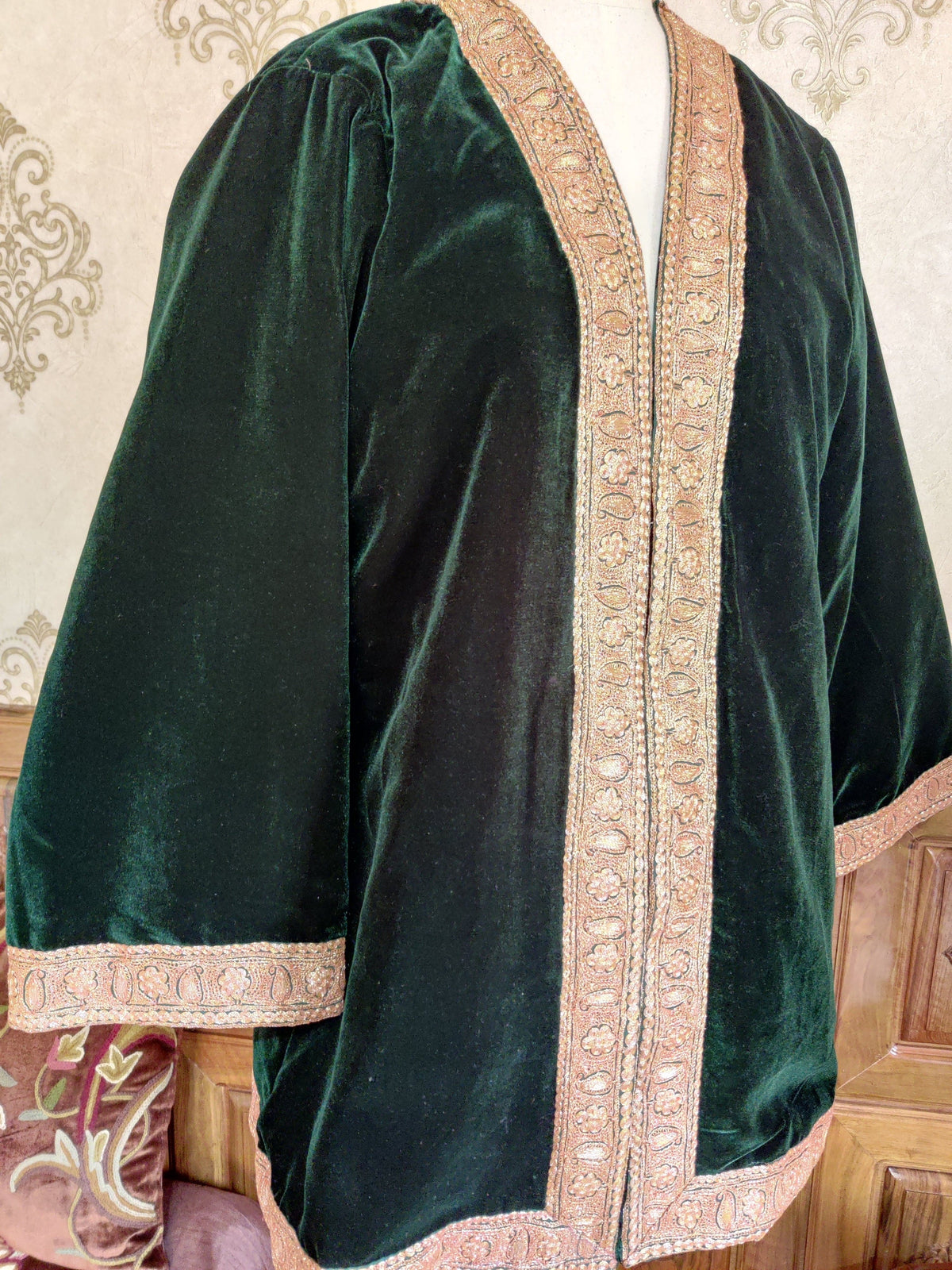 Green Velvet Kashmiri Kimono Robe with Tilla Embroidery