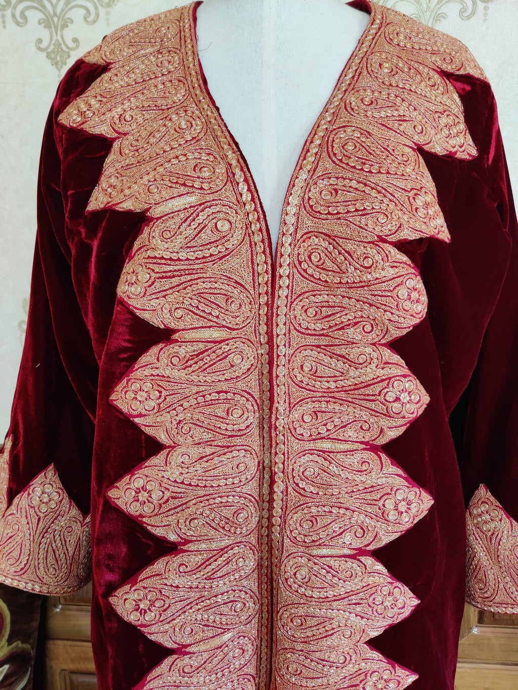 Maroon Kashmiri Velvet Kimono Robe with Heavy Tilla Embroidery – 125cm