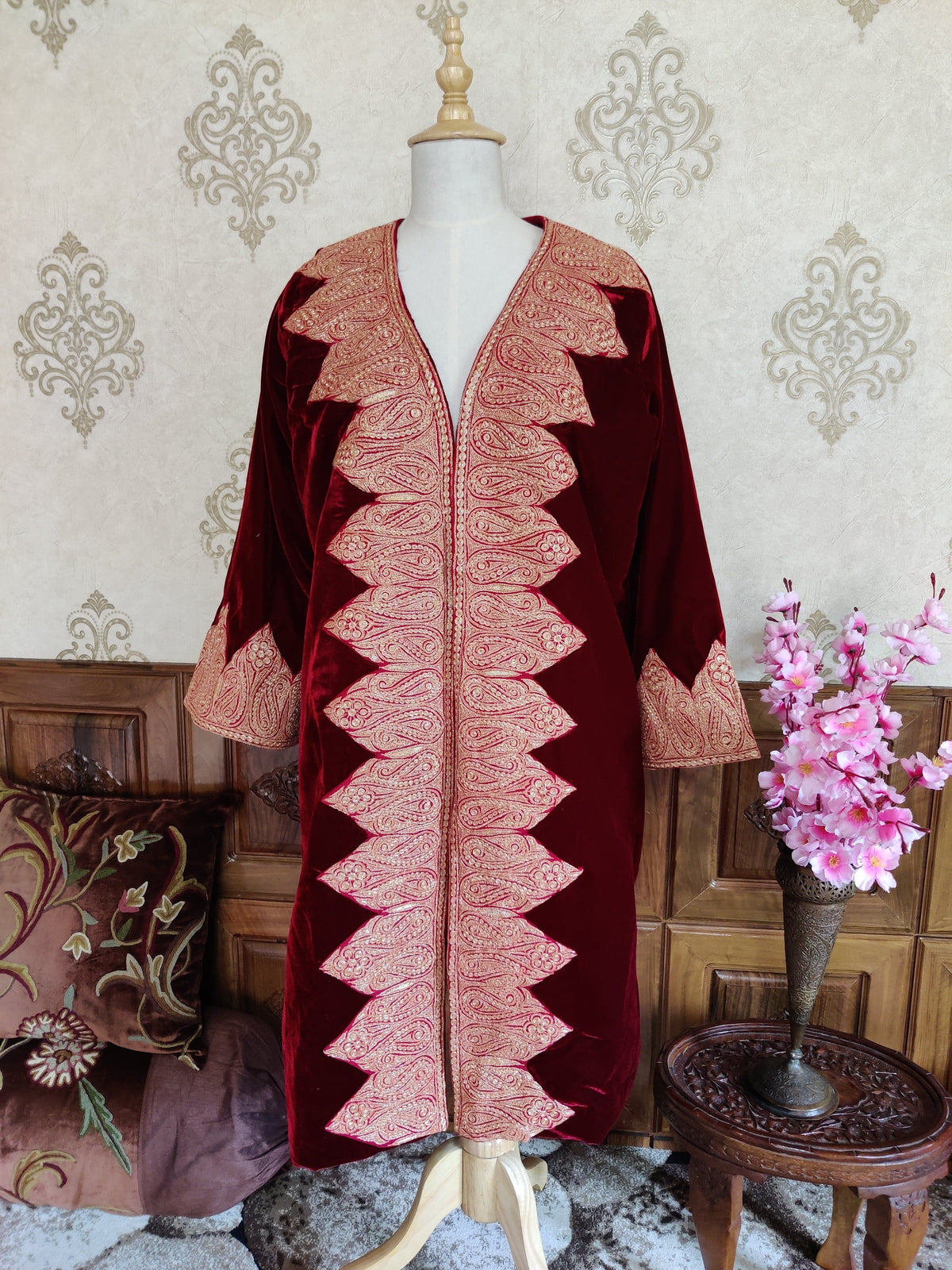 Maroon Kashmiri Velvet Kimono Robe with Heavy Tilla Embroidery – 125cm