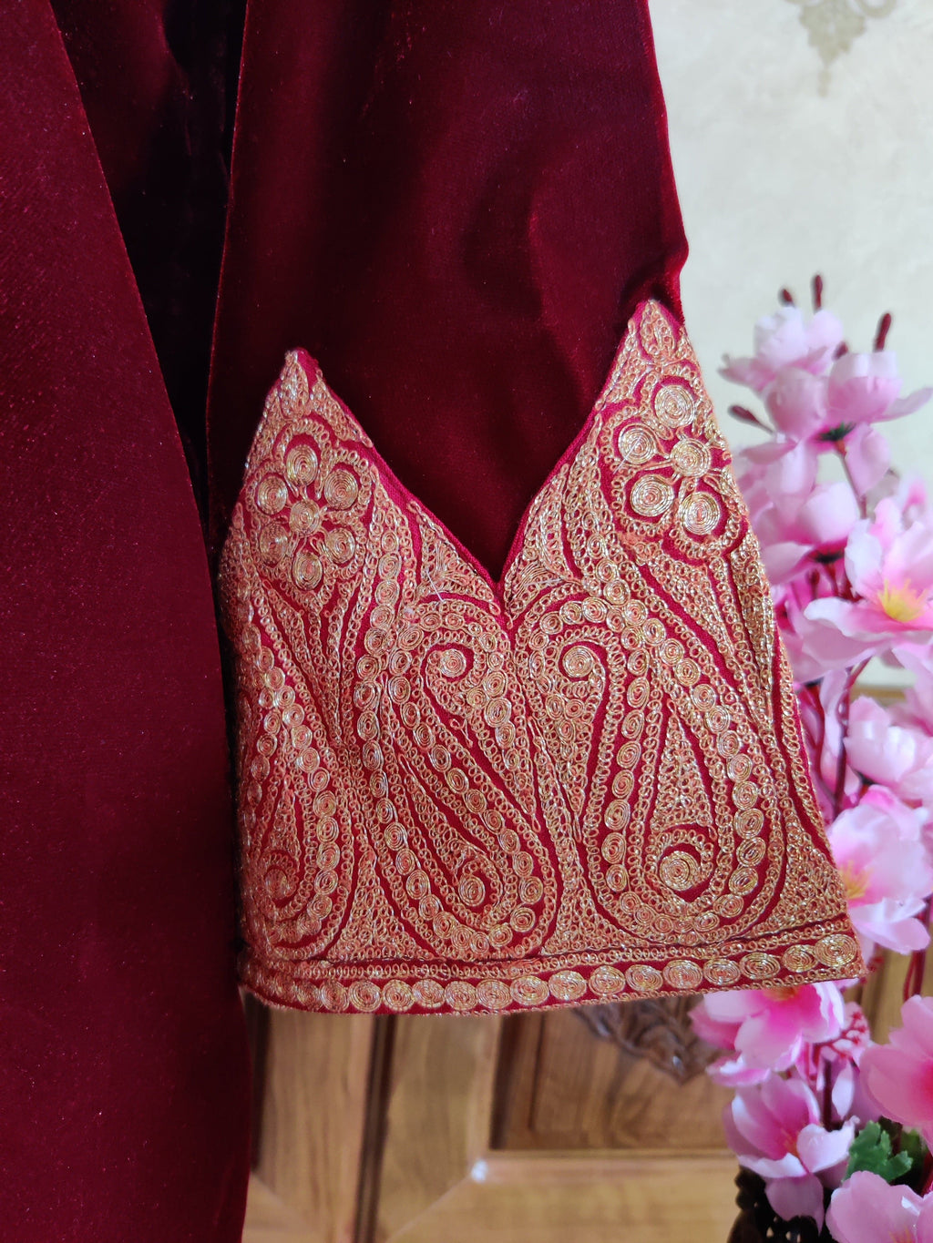 Maroon Kashmiri Velvet Kimono Robe with Heavy Tilla Embroidery – 125cm