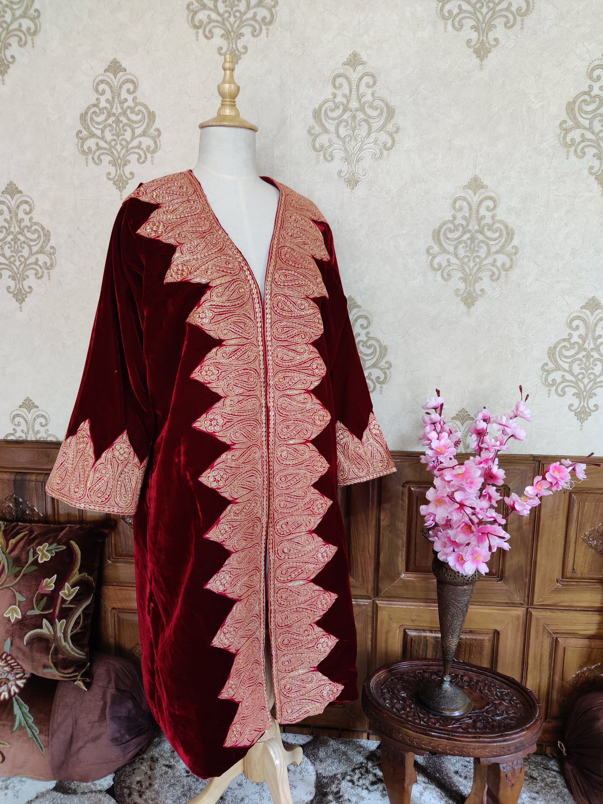 Maroon Kashmiri Velvet Kimono Robe with Heavy Tilla Embroidery – 125cm