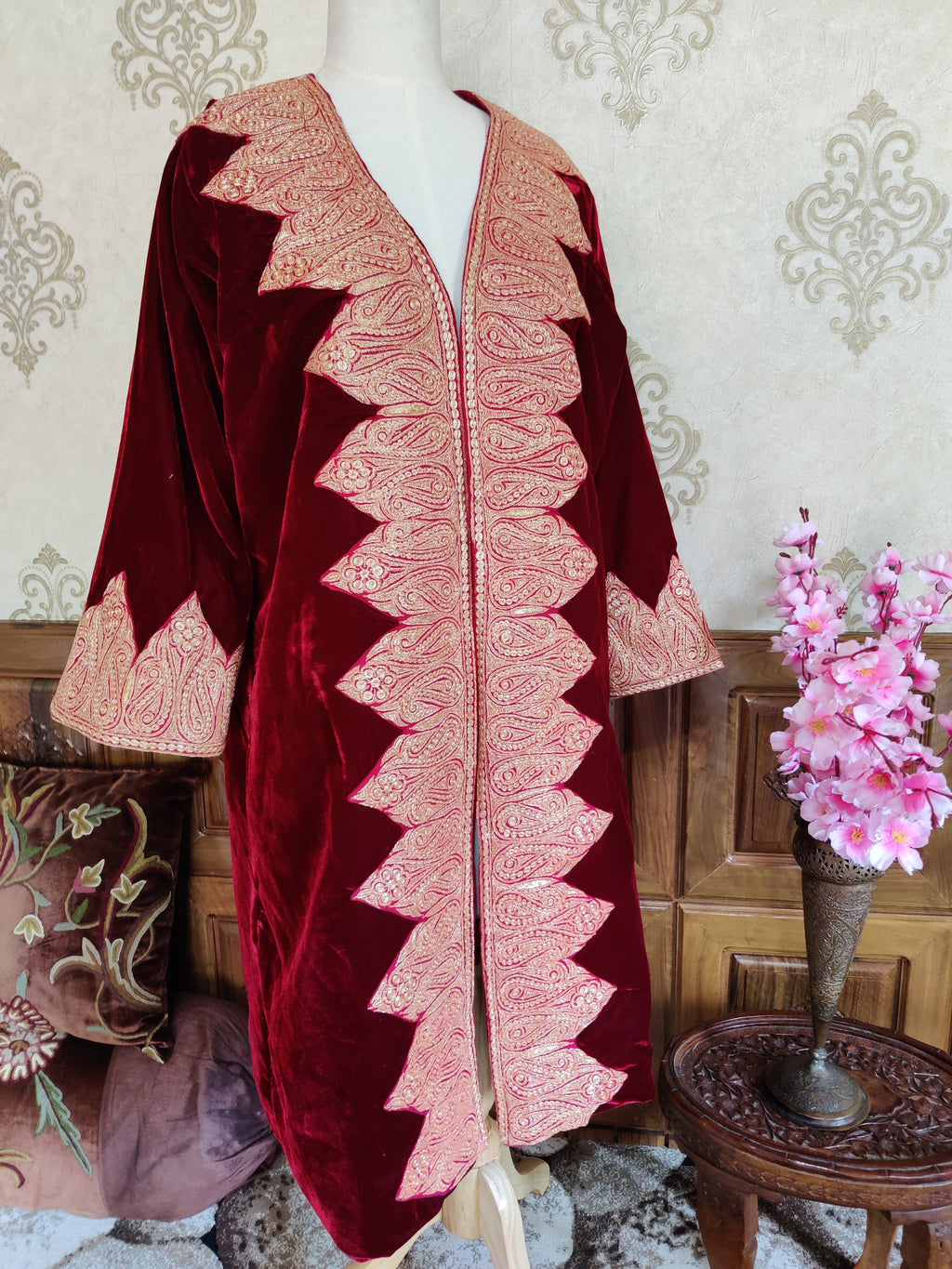 Maroon Kashmiri Velvet Kimono Robe with Heavy Tilla Embroidery – 125cm