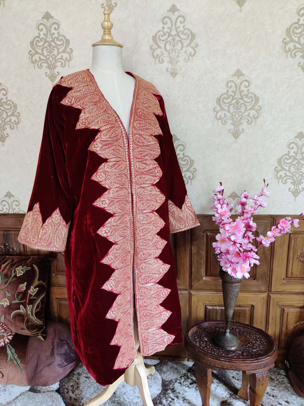 Maroon Kashmiri Velvet Kimono Robe with Heavy Tilla Embroidery – 125cm