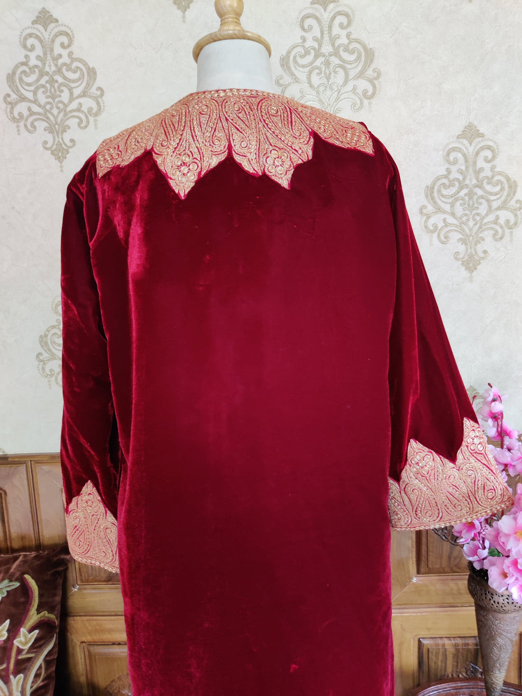 Maroon Kashmiri Velvet Kimono Robe with Heavy Tilla Embroidery – 125cm
